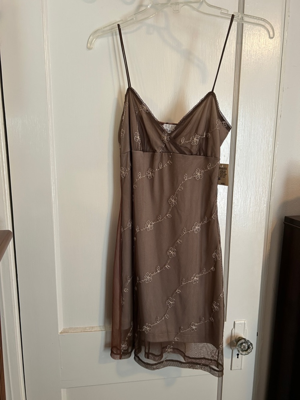 XOXO Brown Floral-Embroidered Slip Dress, Size 3/4